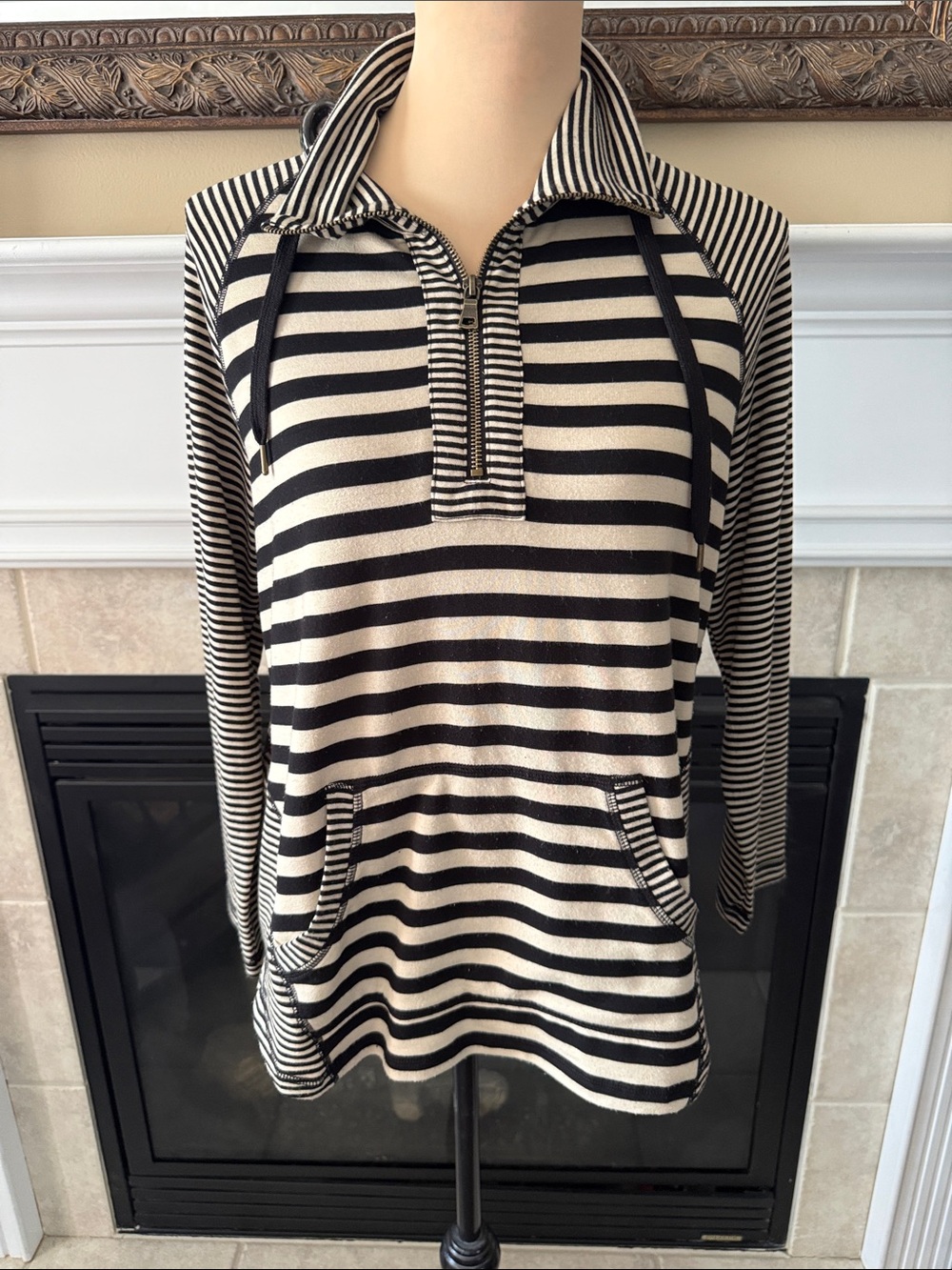 Striped Black & Cream Quarter-Zip Pullover Sweater PM